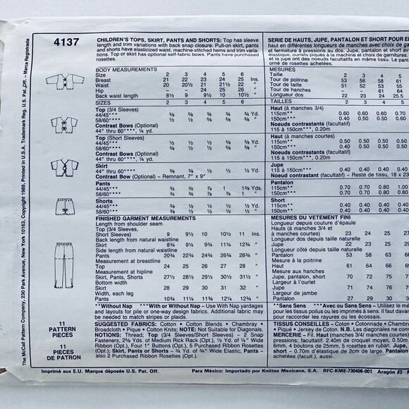 80s McCalls 4137 Girls top skirt pants & shorts Sewing Pattern Sz 5 UNCUT. - Picture 2 of 2